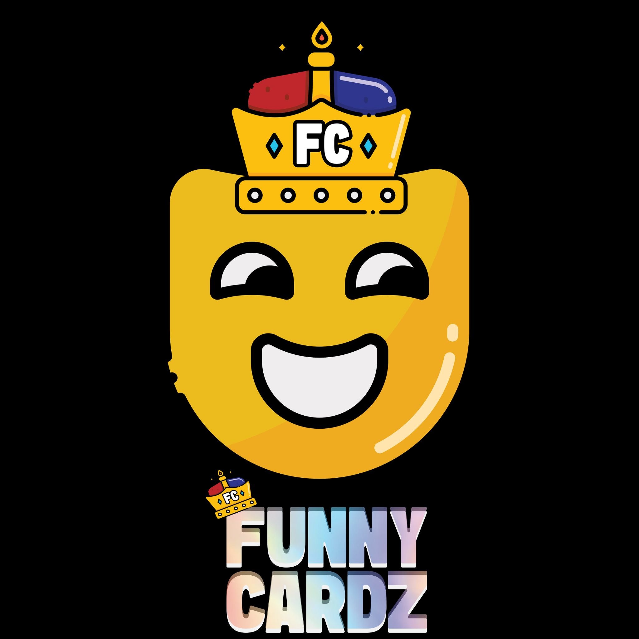 Yellow emoji face with a crown and 'FC' letters, featuring the brand 'Funny Cardz' on a black background.