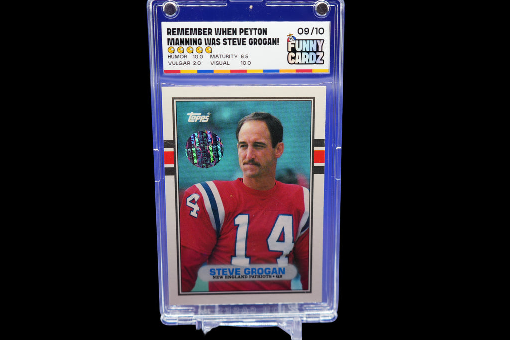 Trading card of Steve Grogan in a protective case on a blue background