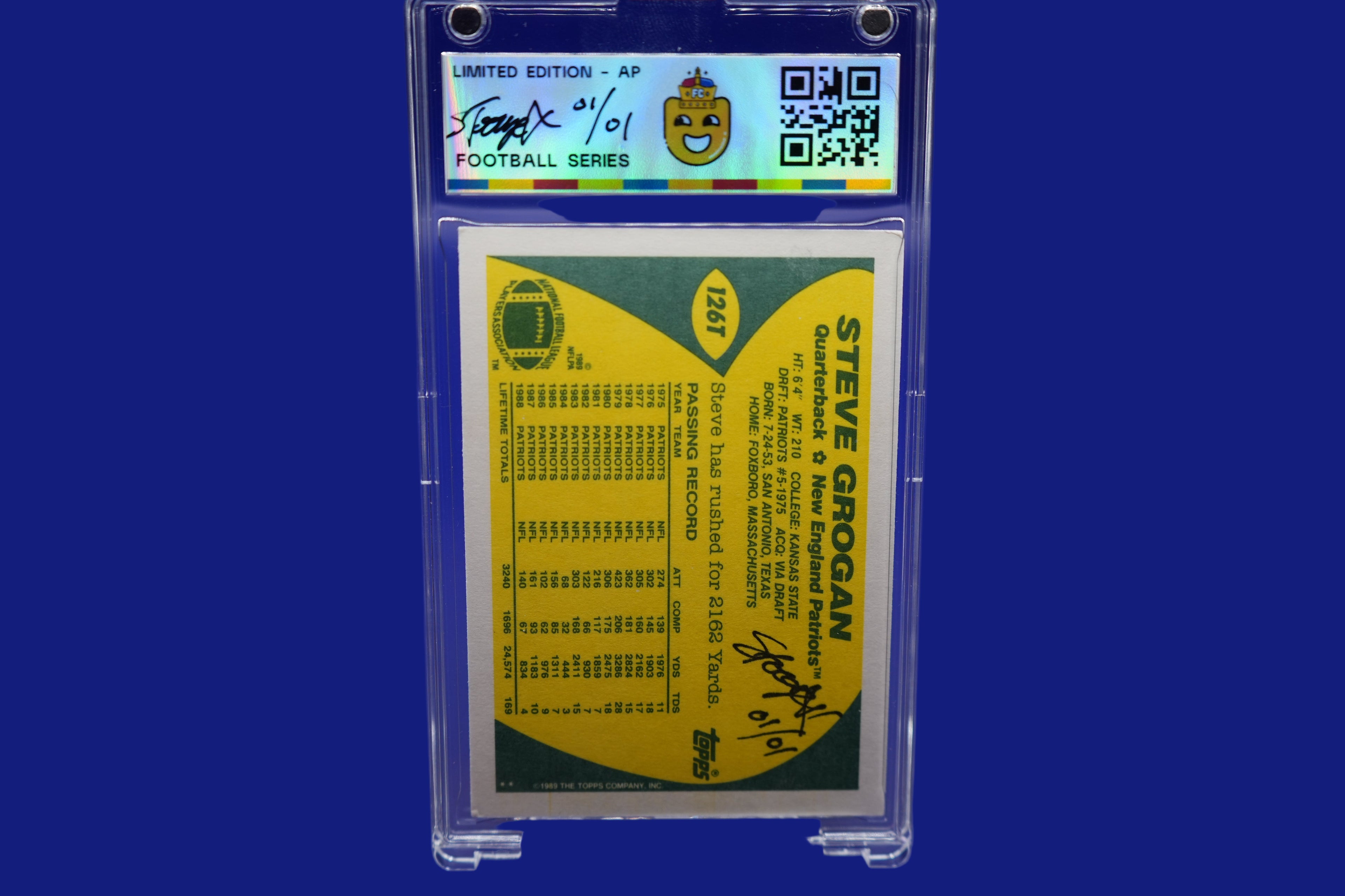Trading card of Steve Grogan in a clear display case with a blue background