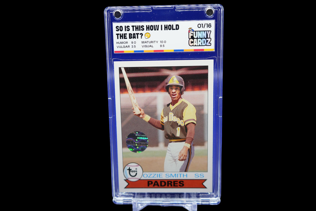 Trading card of Ozzie Smith in a display case with a blue background