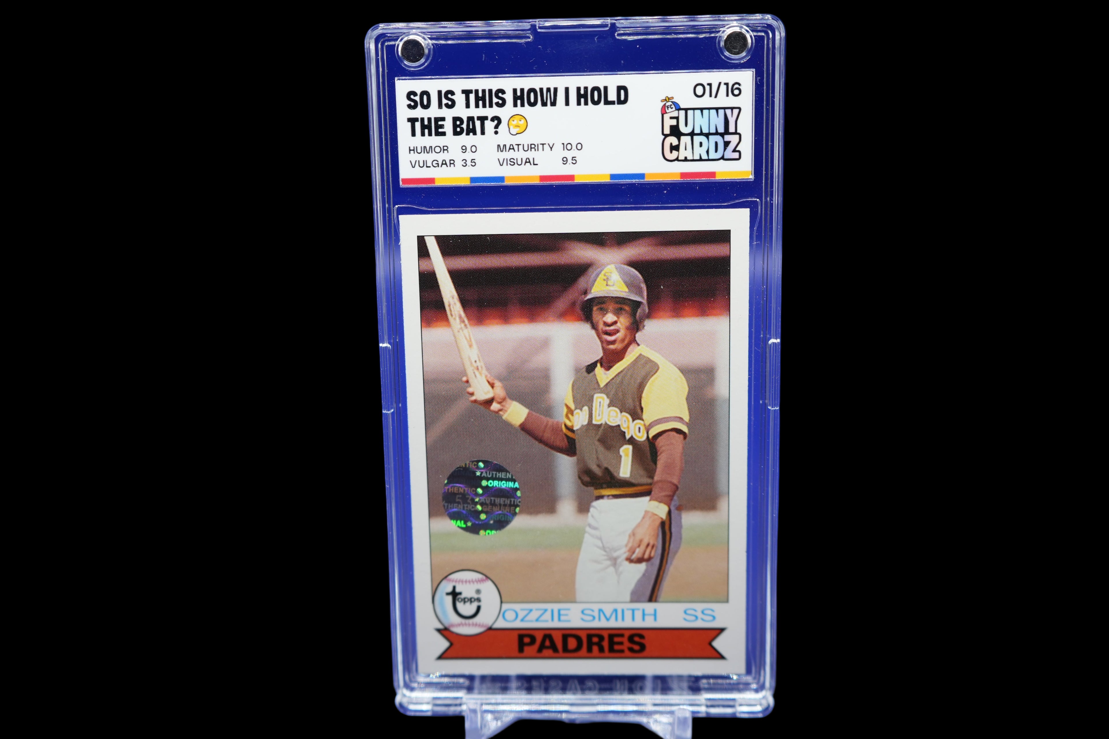 Trading card of Ozzie Smith in a display case with a blue background