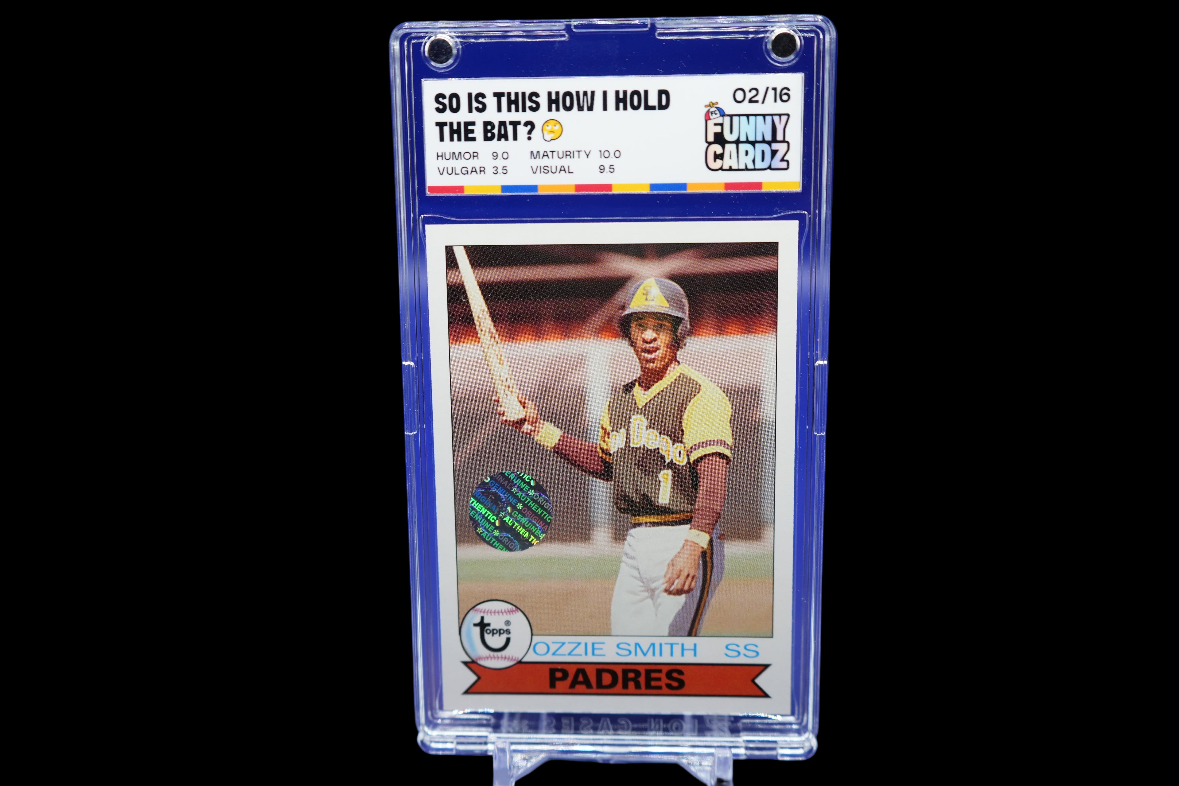 Baseball trading card of Ozzie Smith in a display case on a blue background