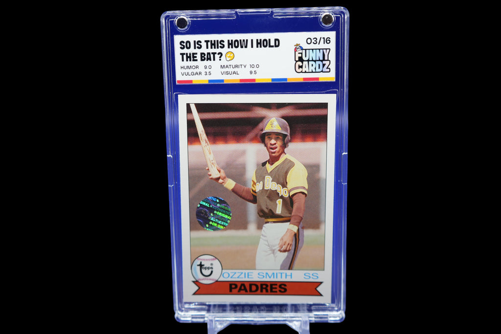 Baseball trading card of Ozzie Smith in a display case with a blue background