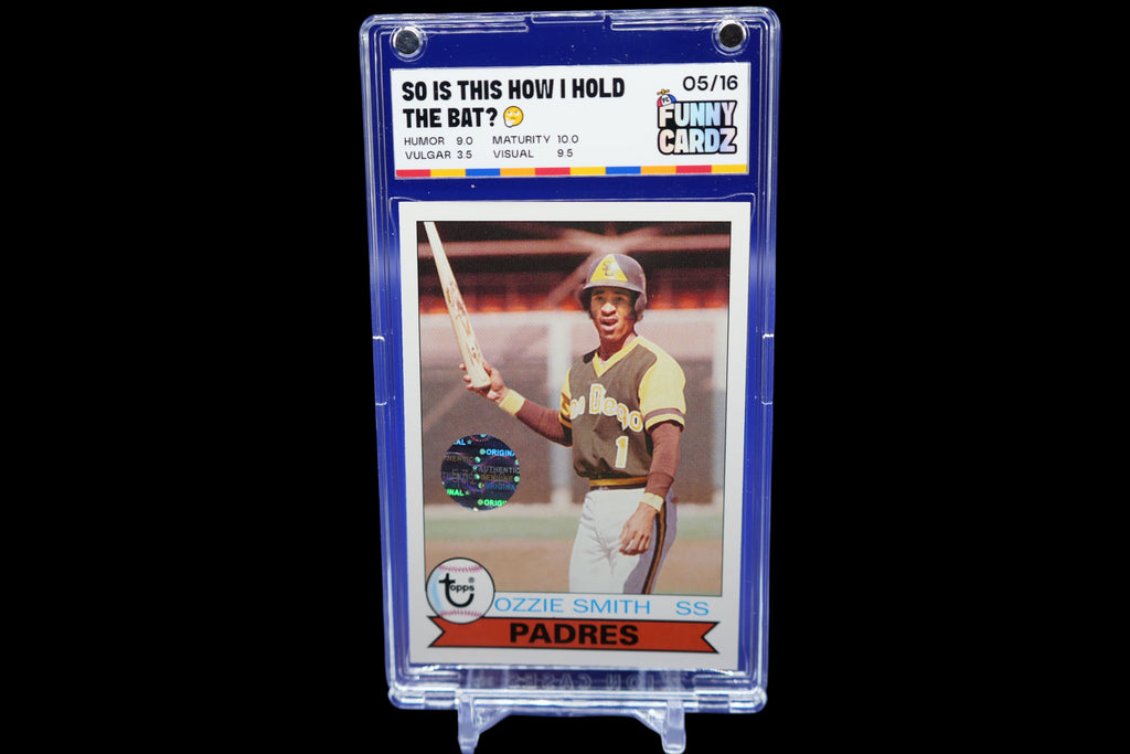 Trading card of a baseball player in a display case with a blue background
