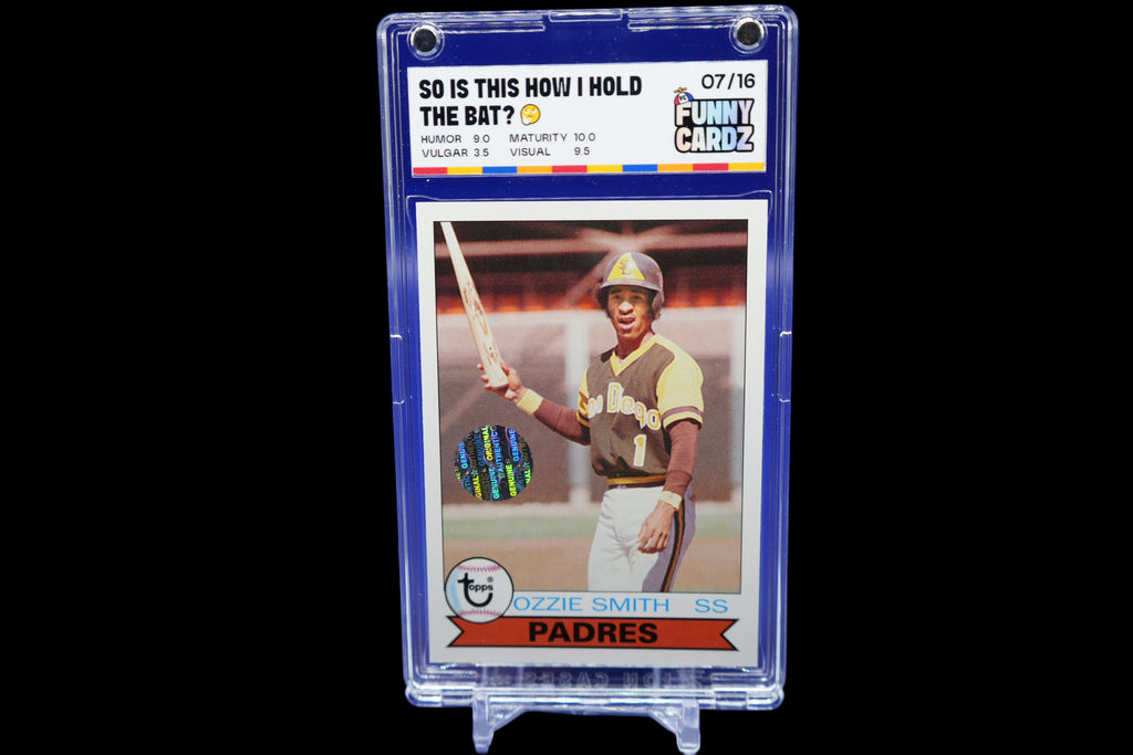 Baseball trading card of Ozzie Smith in a display case on a blue background