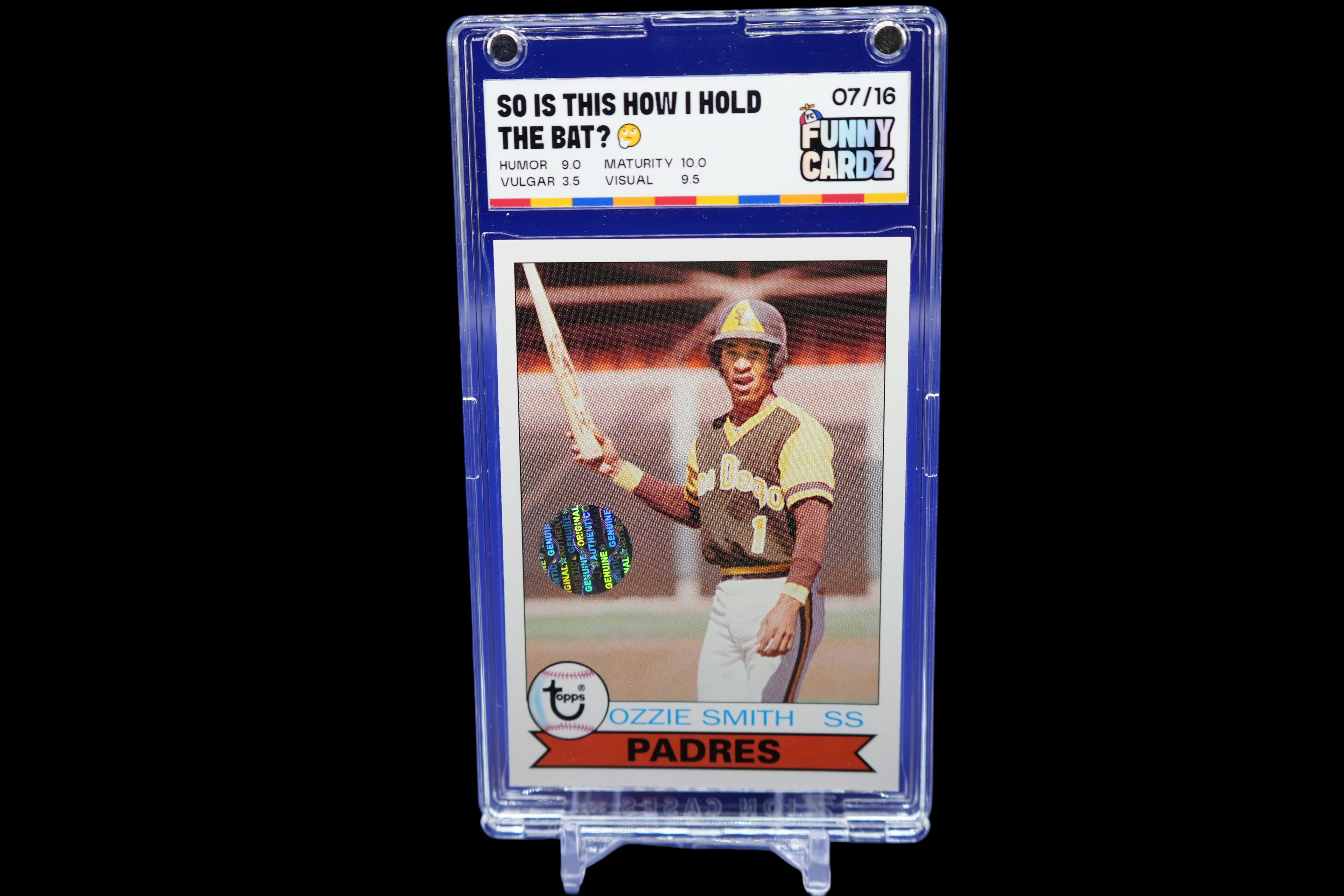 Baseball trading card of Ozzie Smith in a display case on a blue background