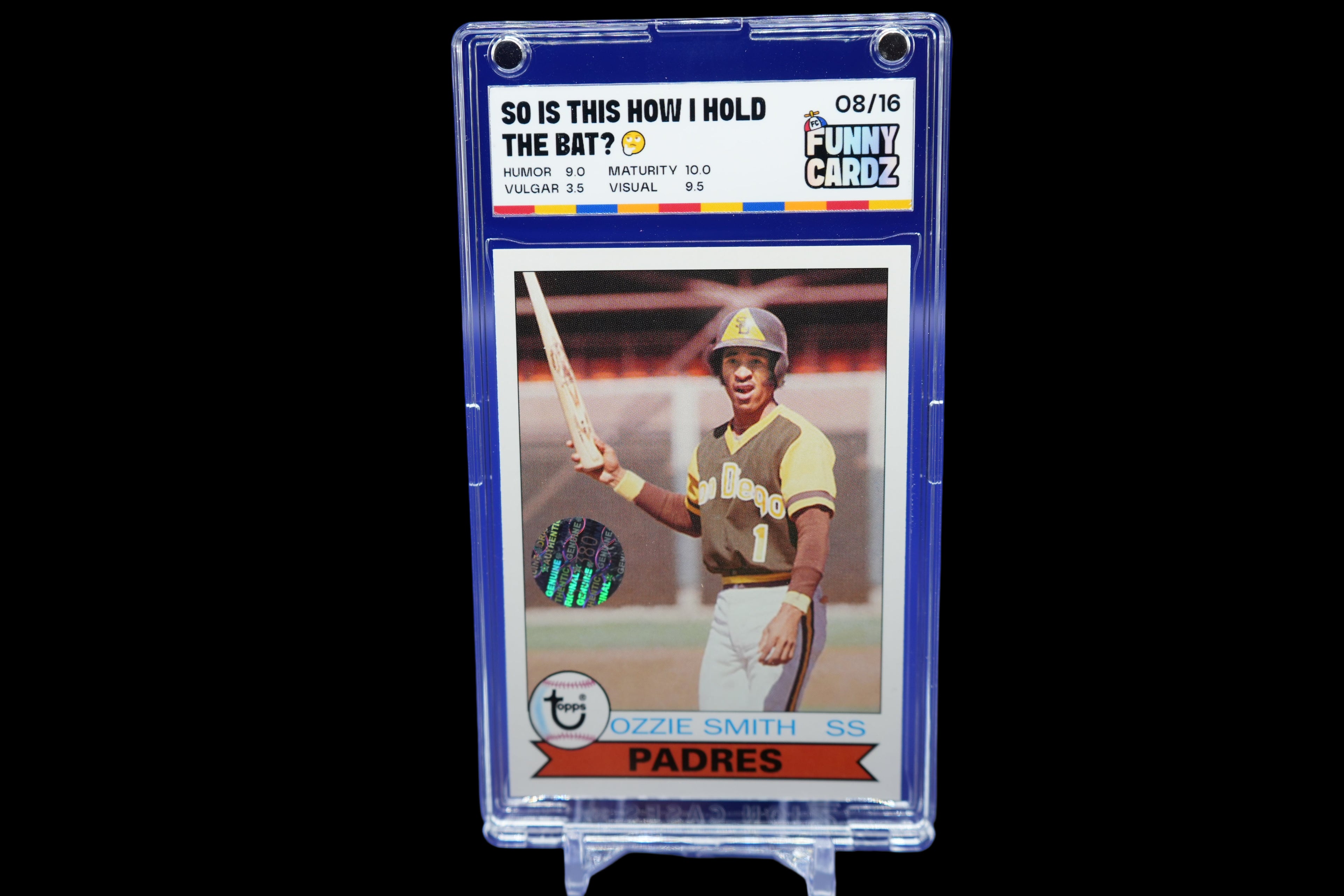 Baseball trading card of Jozzie Smith in a display case on a blue background