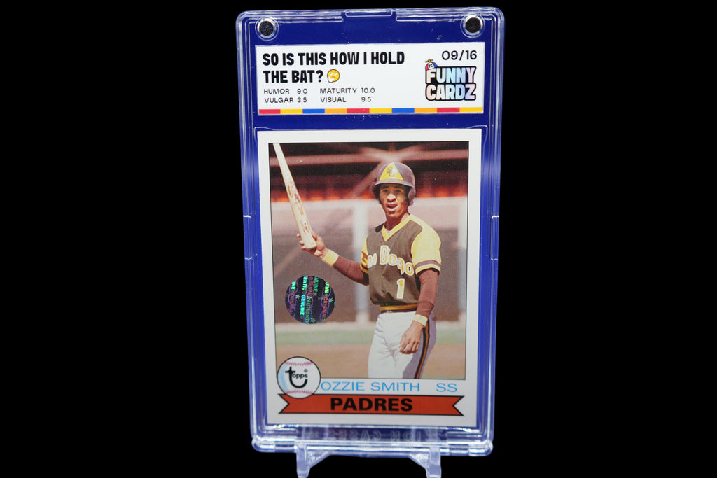 Trading card of Ozzie Smith in a display case on a blue background
