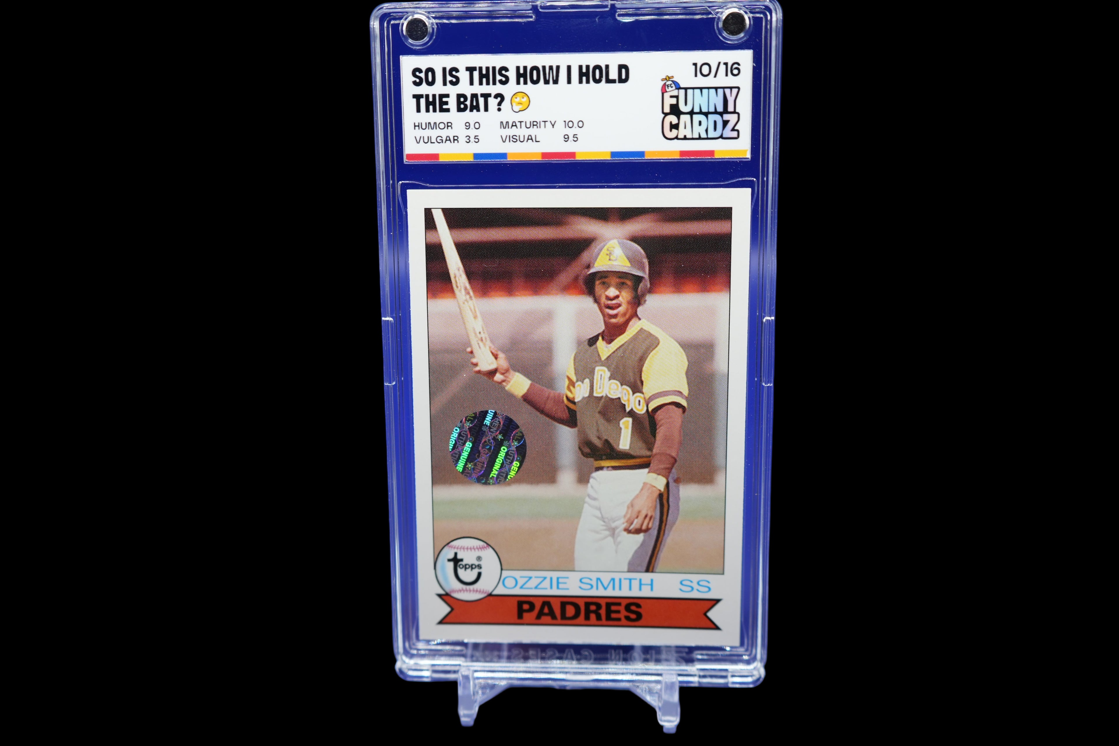 Trading card of Ozzie Smith in a display case with a blue background