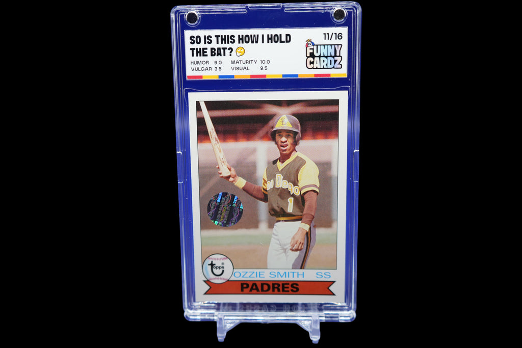 Baseball trading card of Ozzie Smith in a display case on a blue background