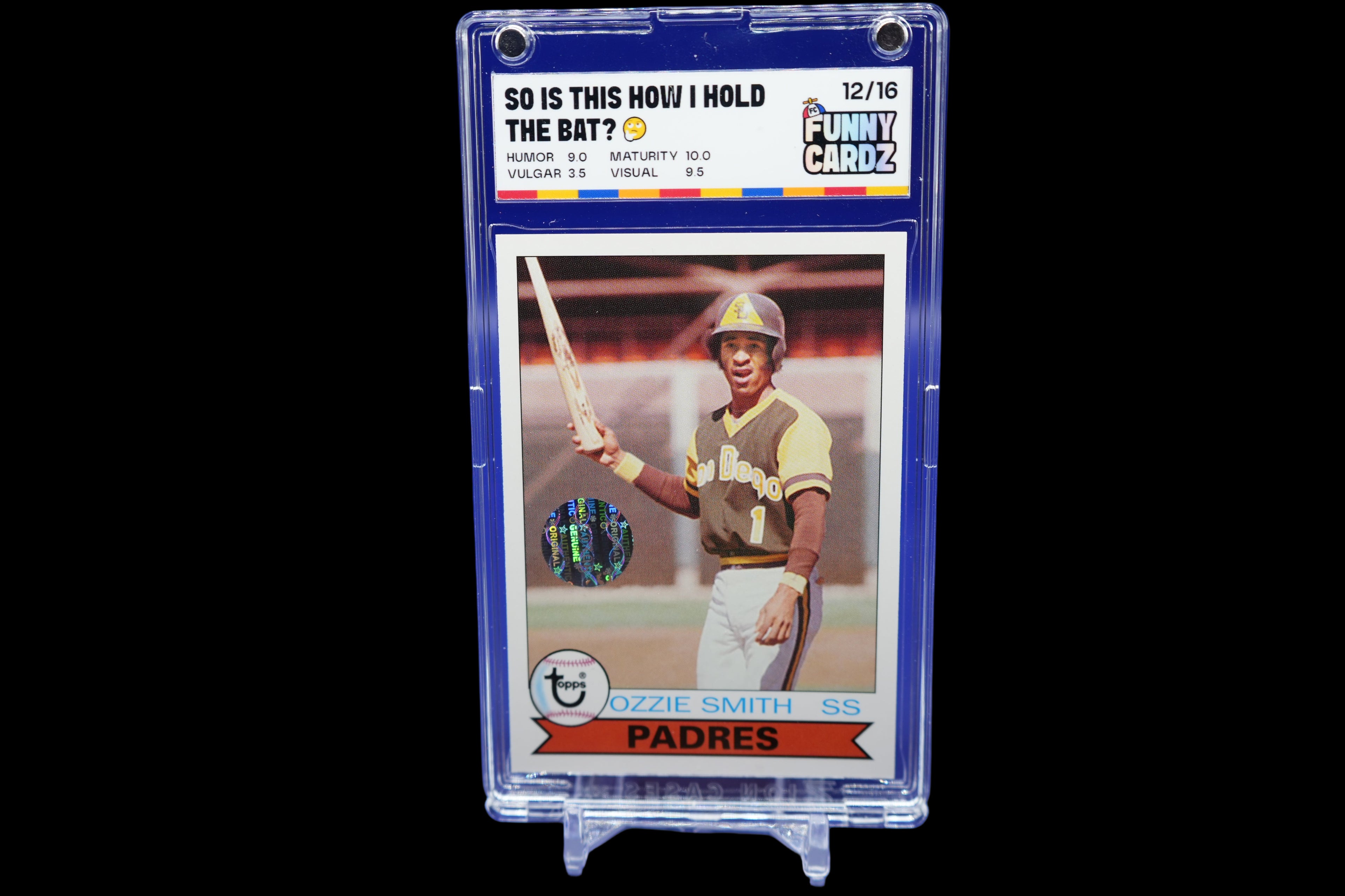 Trading card of Ozzie Smith in a display case on a blue background