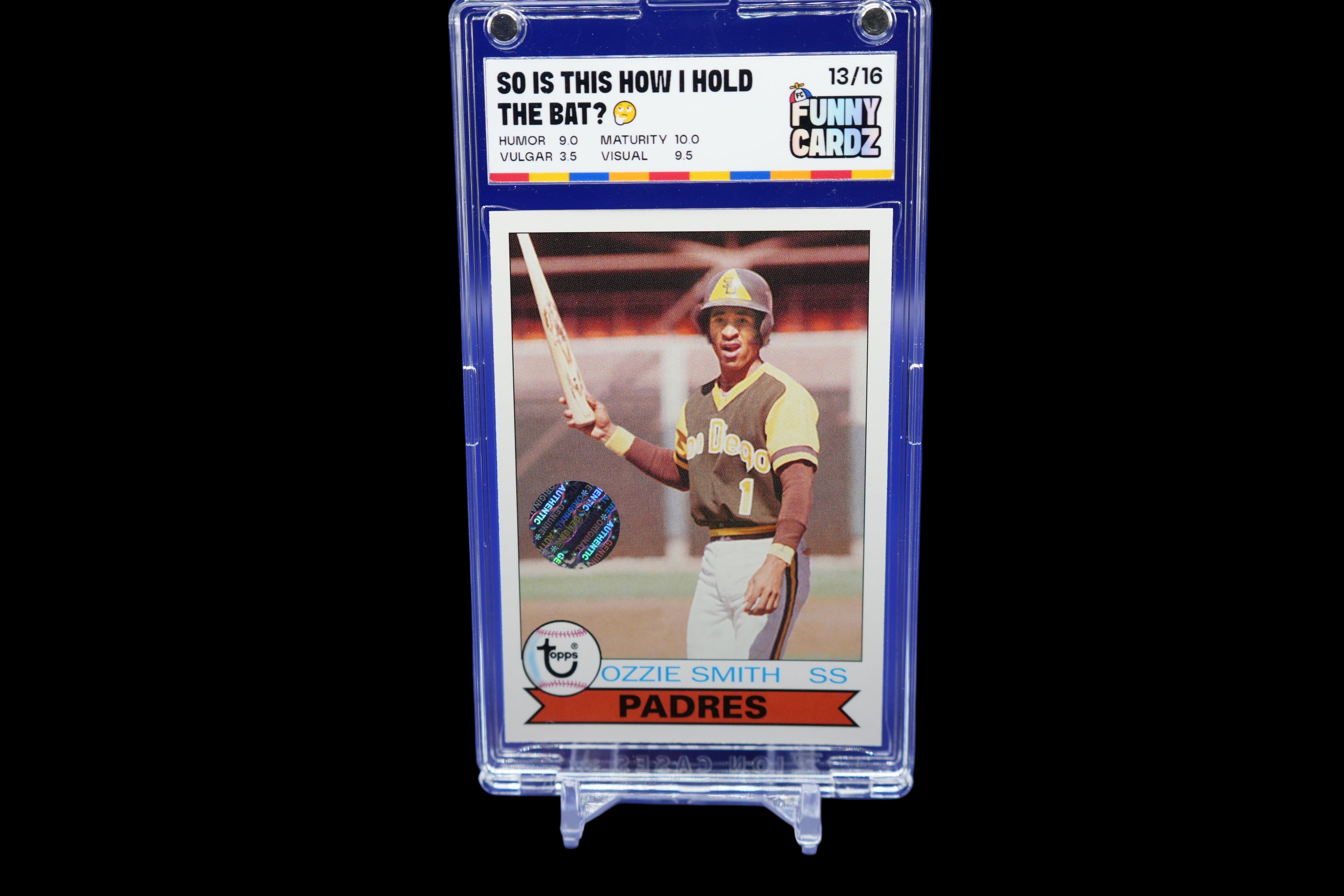 Trading card of a baseball player in a display case on a blue background