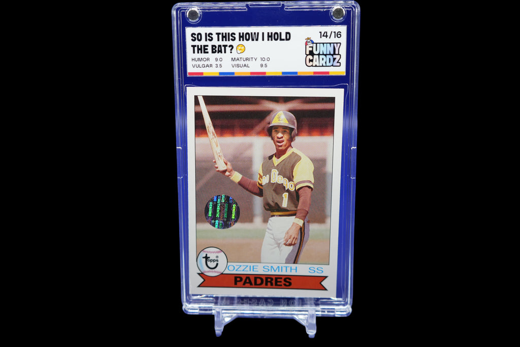 Baseball trading card of Ozzie Smith in a display case on a blue background