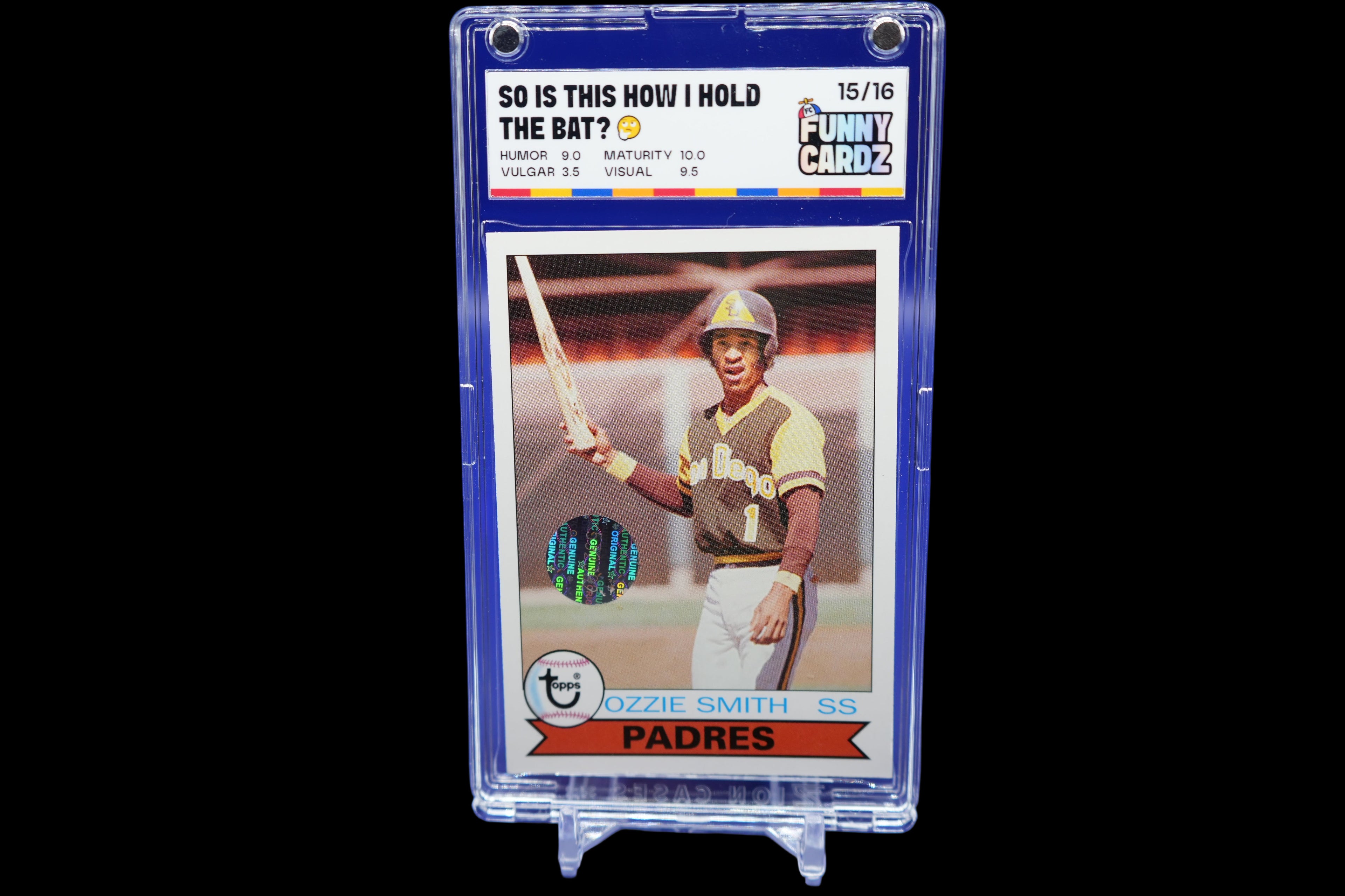Baseball trading card of Ozzie Smith in a display case on a blue background