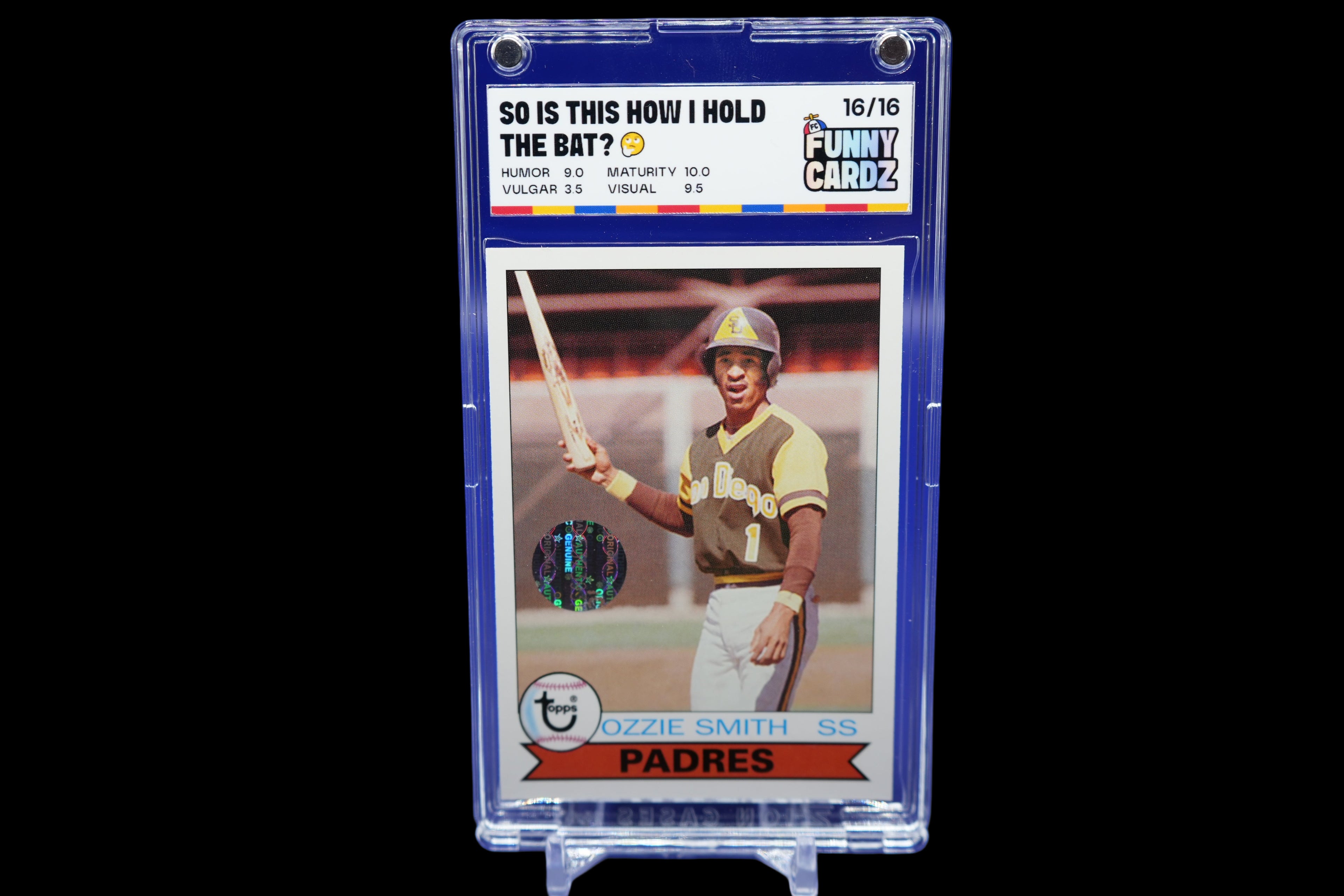 Trading card of Ozzie Smith in a display case with a blue background