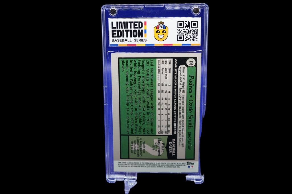 Baseball trading card in a clear holder with a blue background