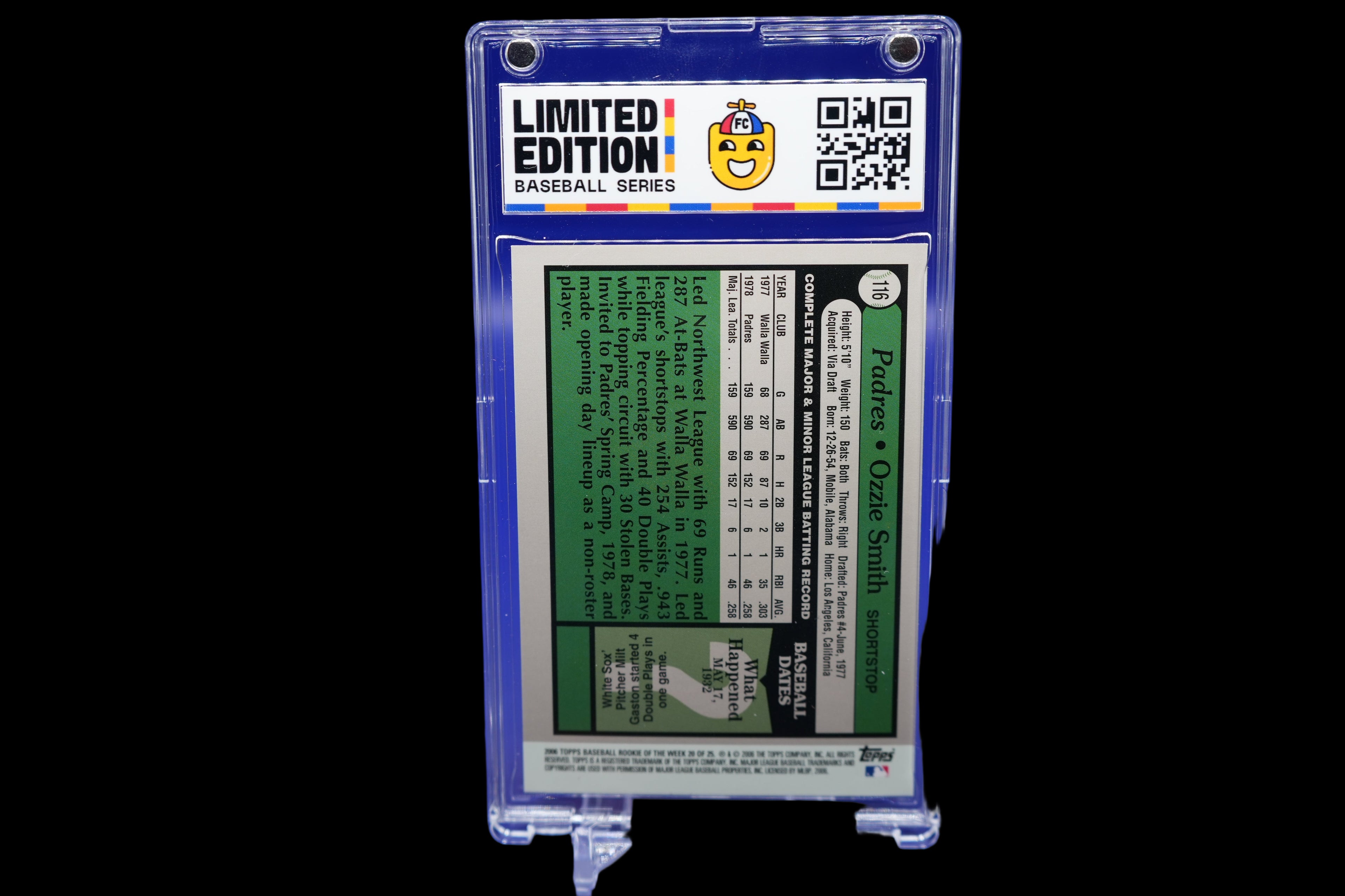Baseball trading card in a clear holder with a blue background