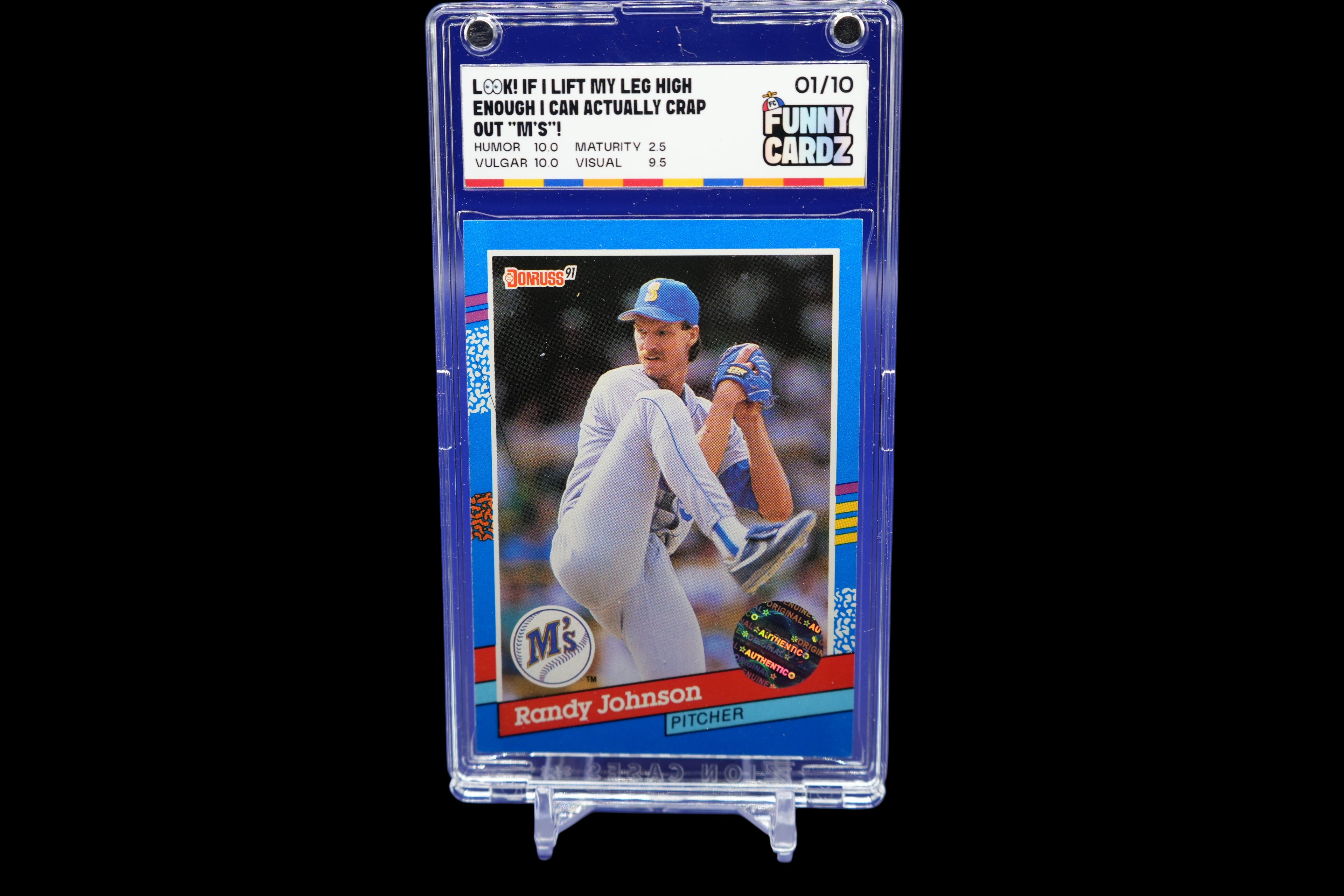 Baseball trading card of Randy Johnson in a display case on a blue background