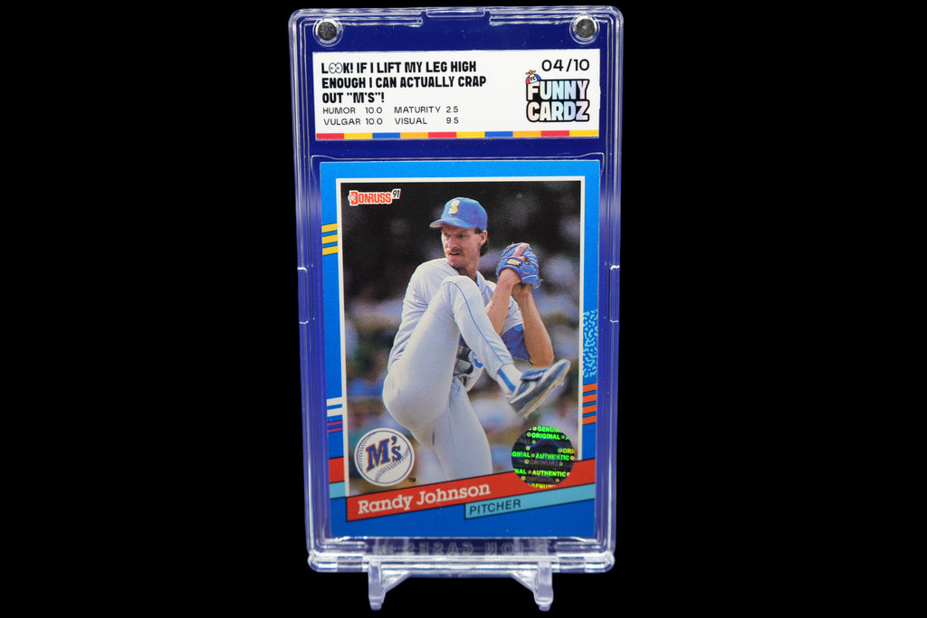 Baseball trading card of a pitcher in a display case on a blue background