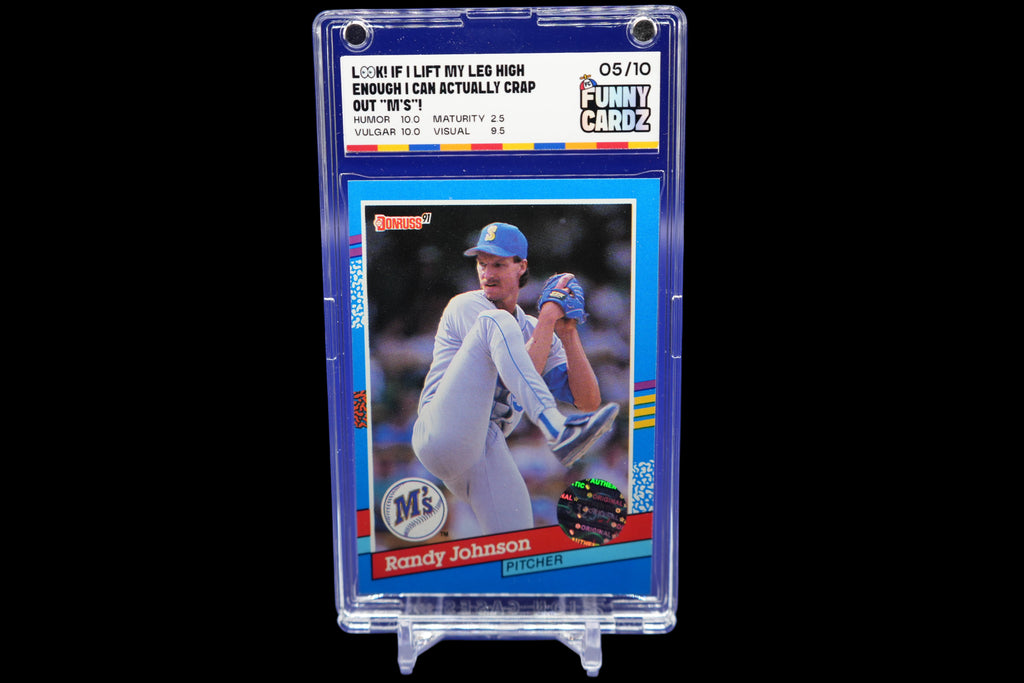 Baseball trading card of Randy Johnson in a display case on a blue background