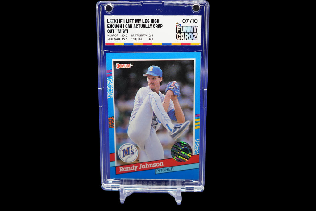 Trading card of Randy Johnson in a display case on a blue background