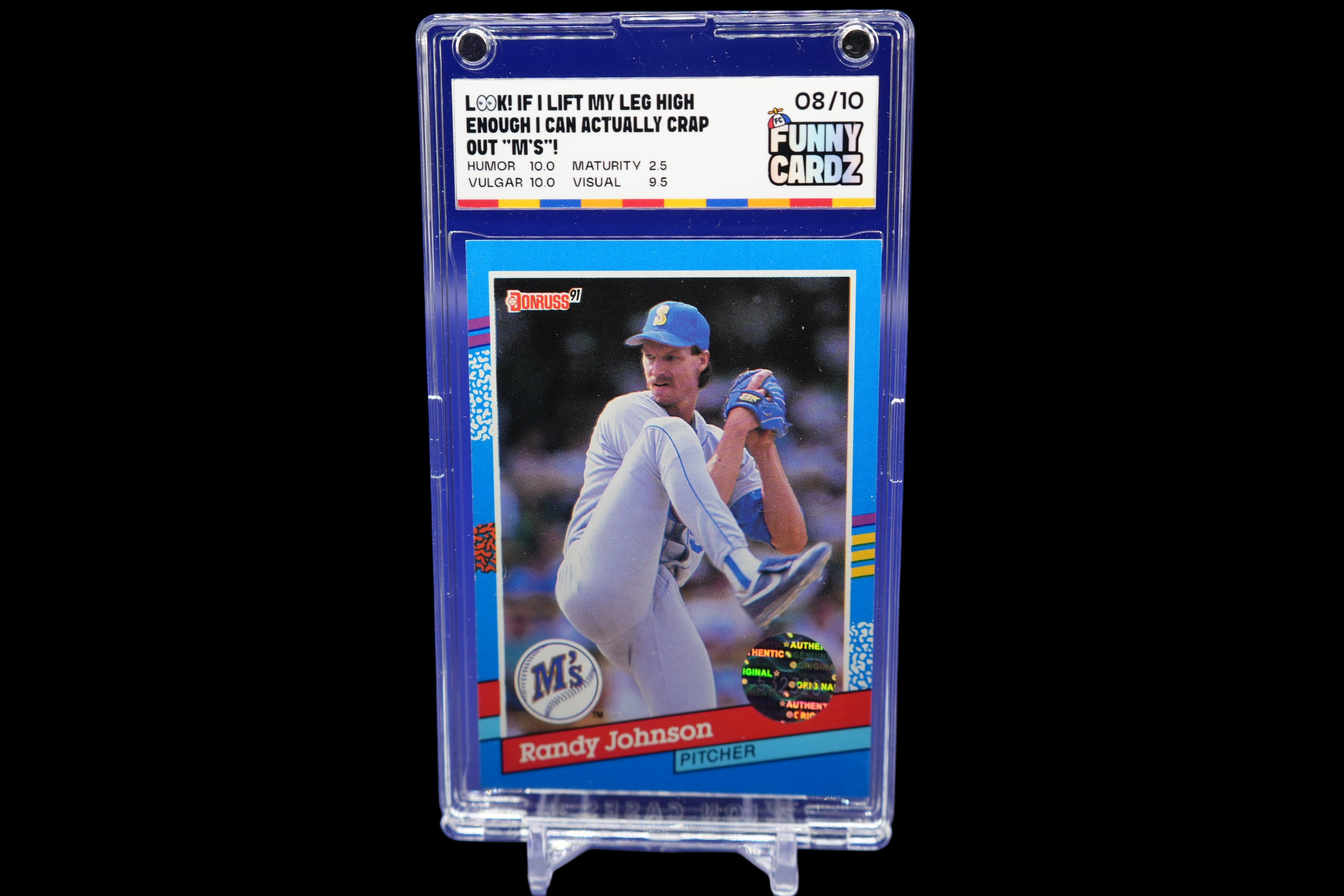 Trading card of a baseball player in a display case with a blue background