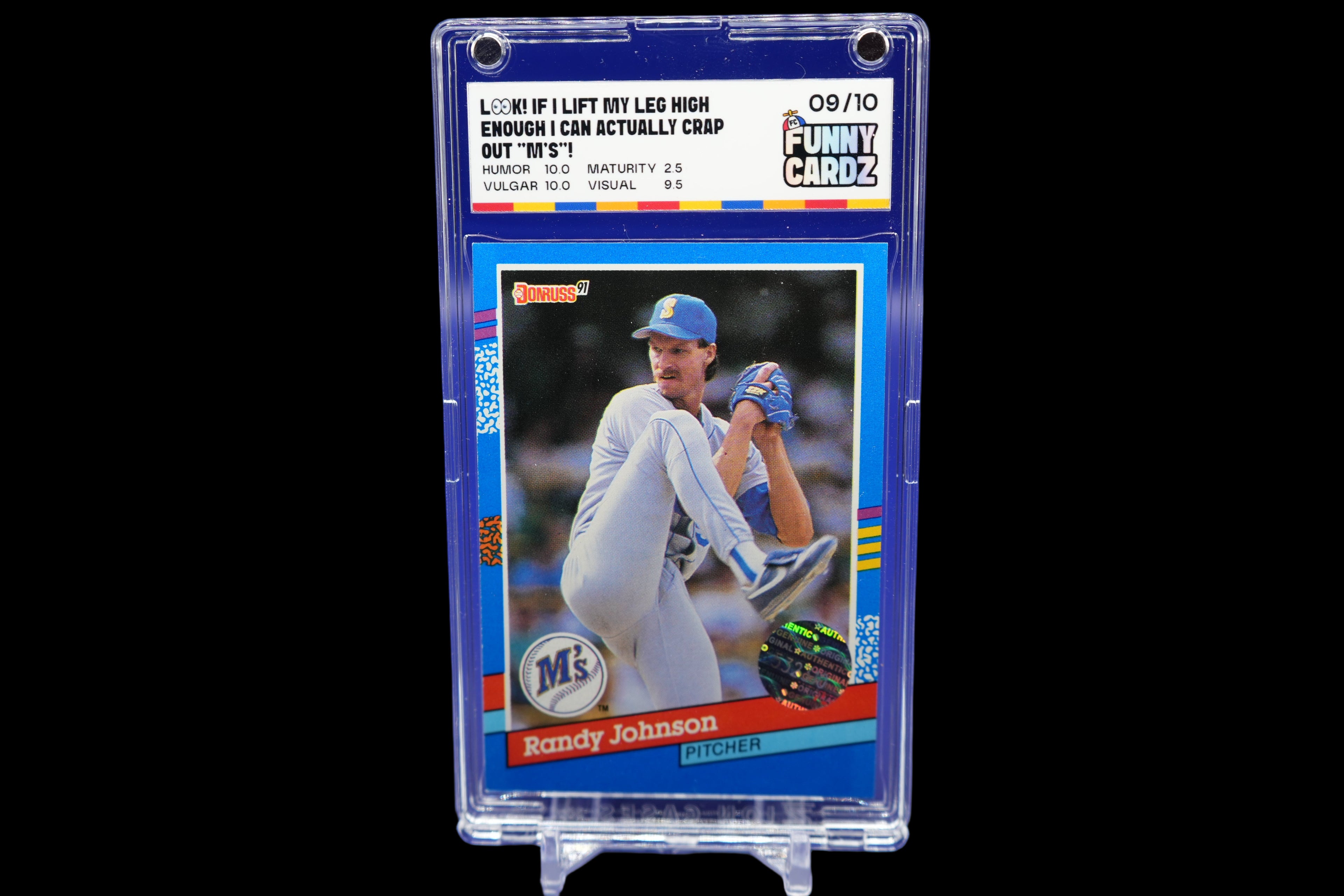 Trading card of Randy Johnson in a display case with a blue background