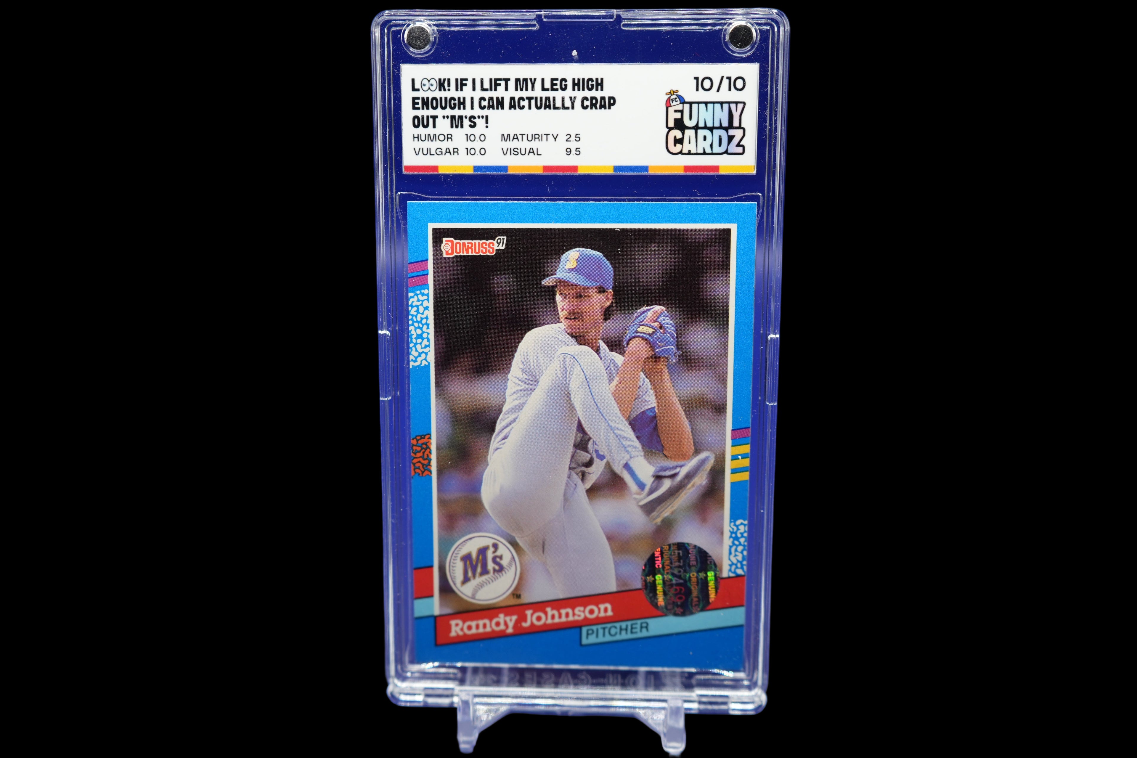 Trading card of a baseball player in a display case on a blue background