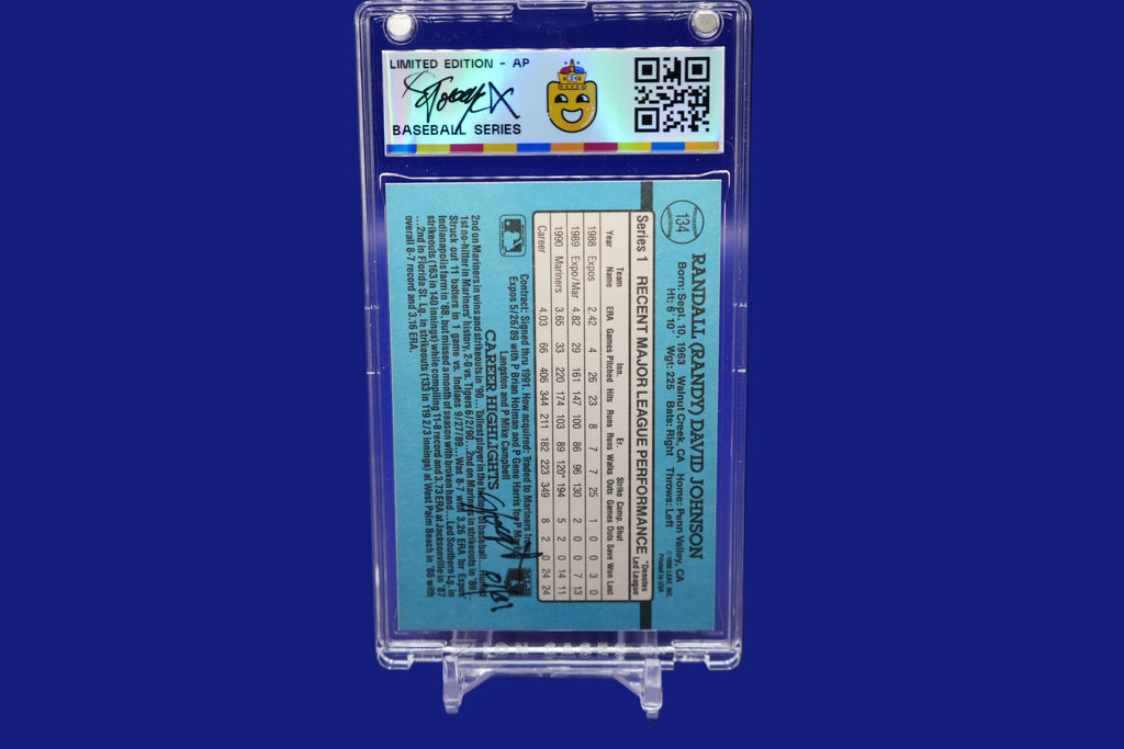Baseball card in a clear display case on a blue background