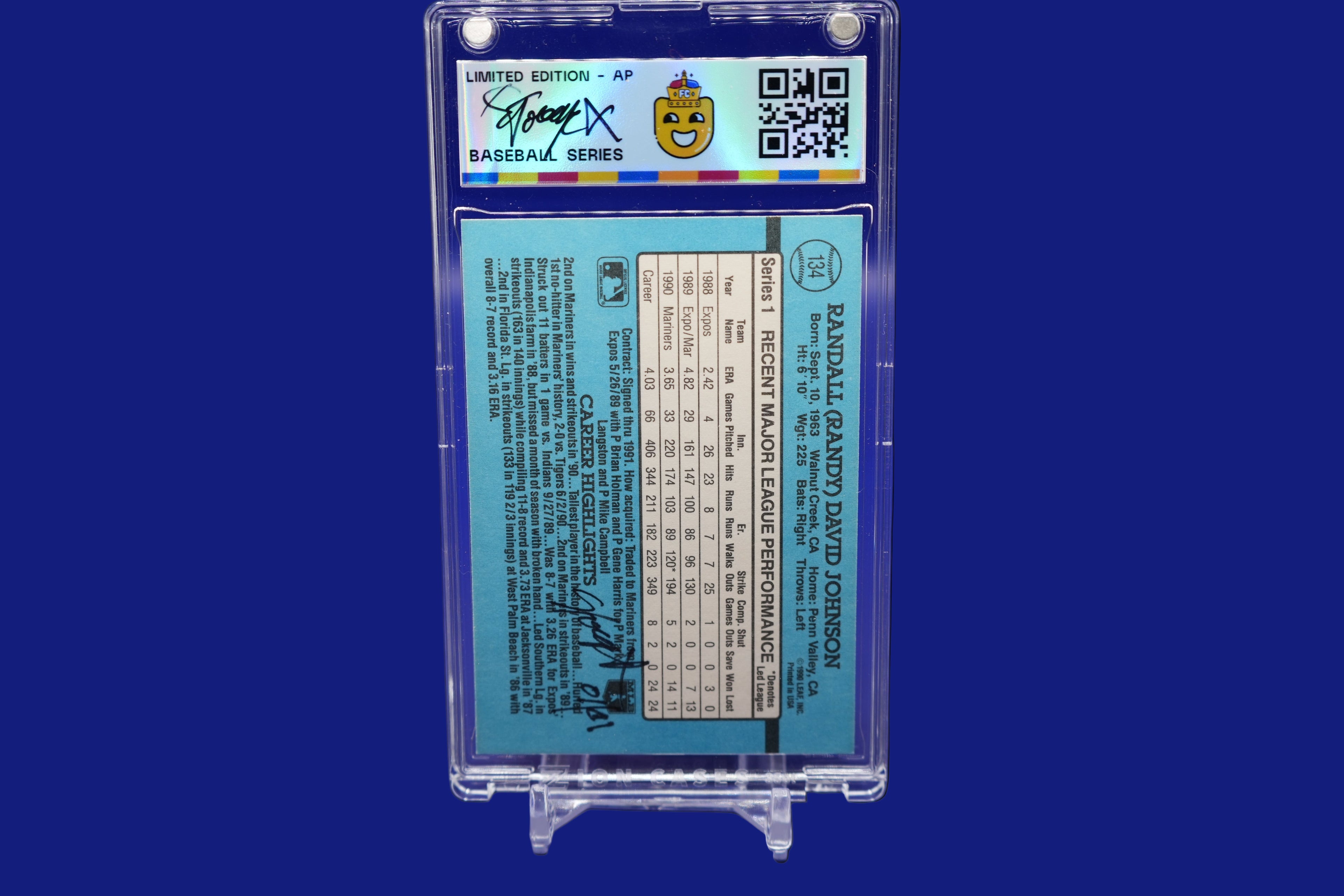 Baseball card in a clear display case on a blue background