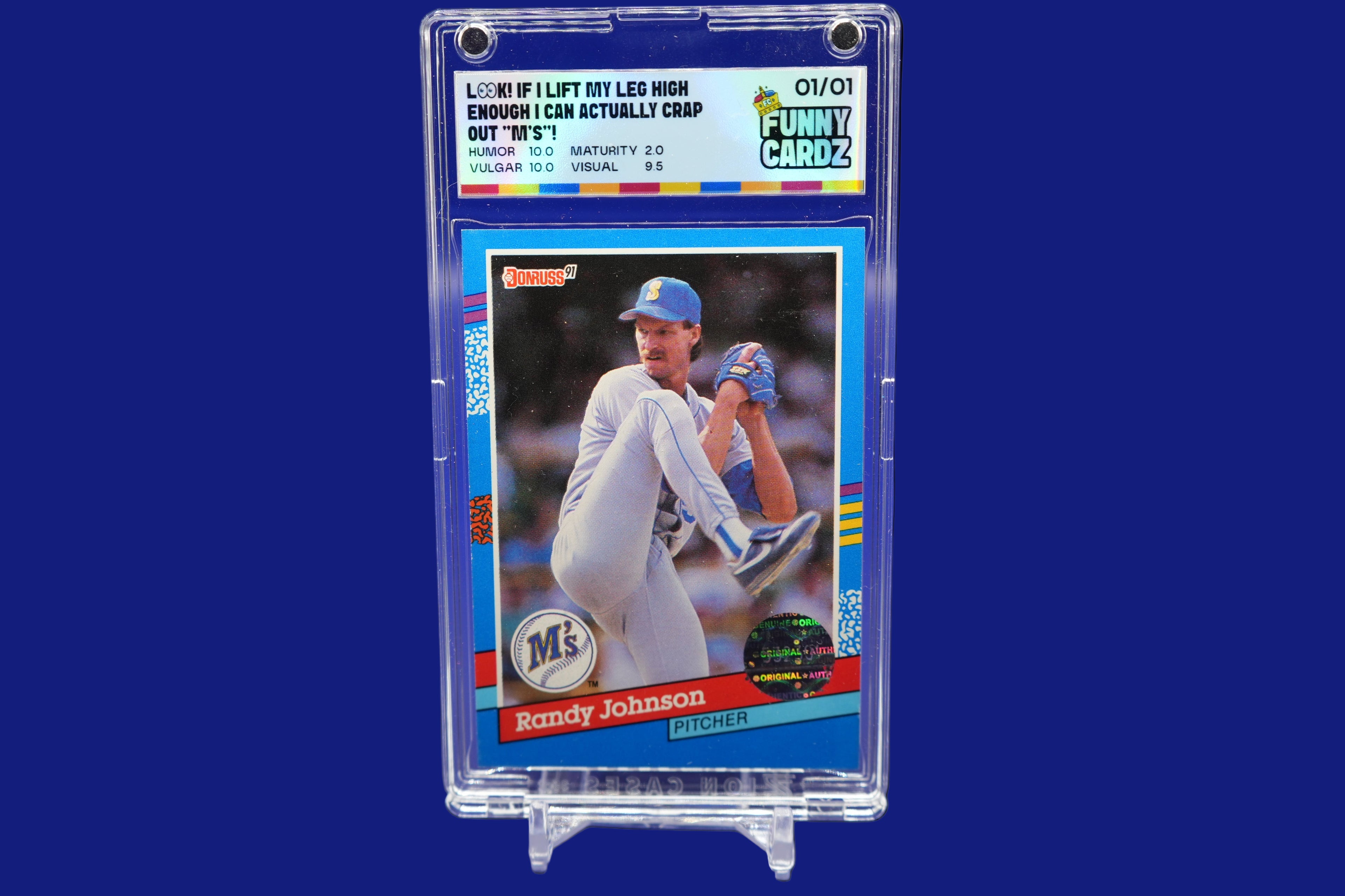 Baseball trading card of Randy Johnson in a display case on a blue background