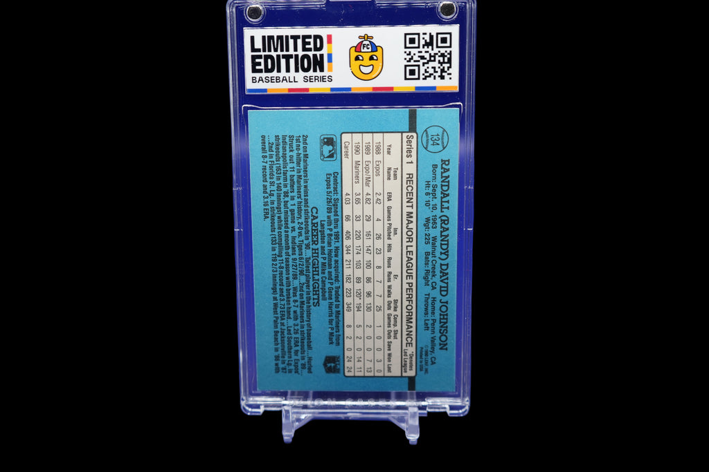 Baseball card in a clear plastic holder with blue back and limited edition label.