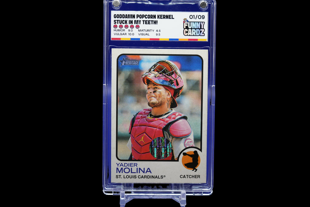 Trading card of a baseball player in a protective case on a blue background