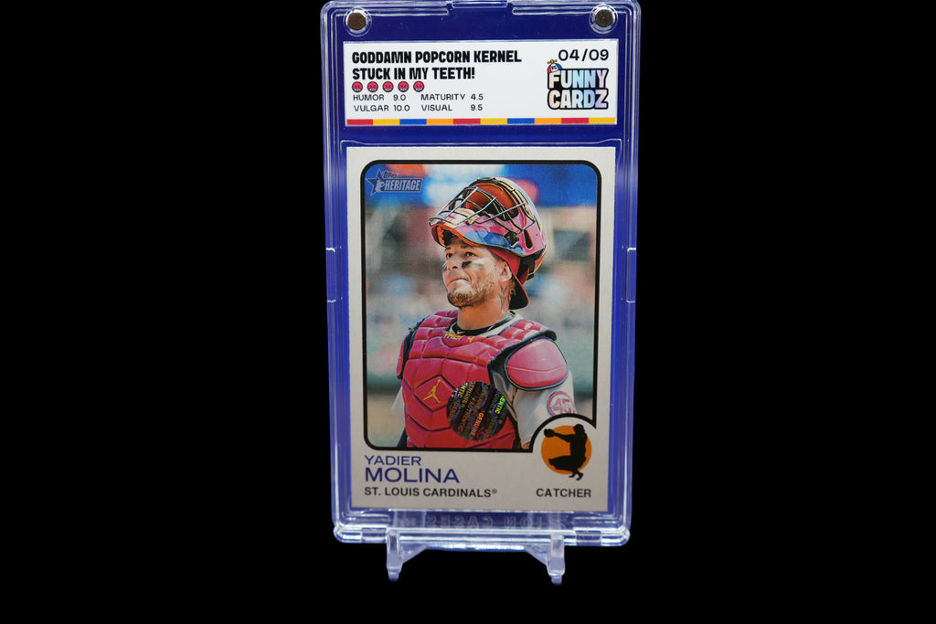 Baseball trading card of Yadier Molina in a protective case on a blue background