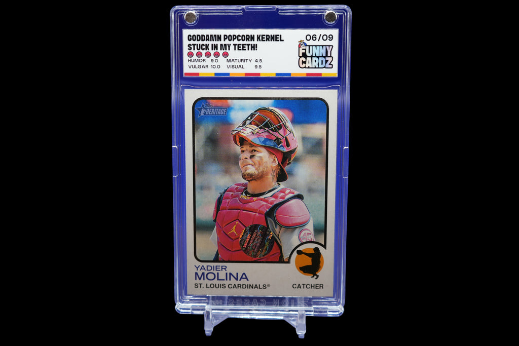 Trading card of Yadier Molina in a display case on a blue background
