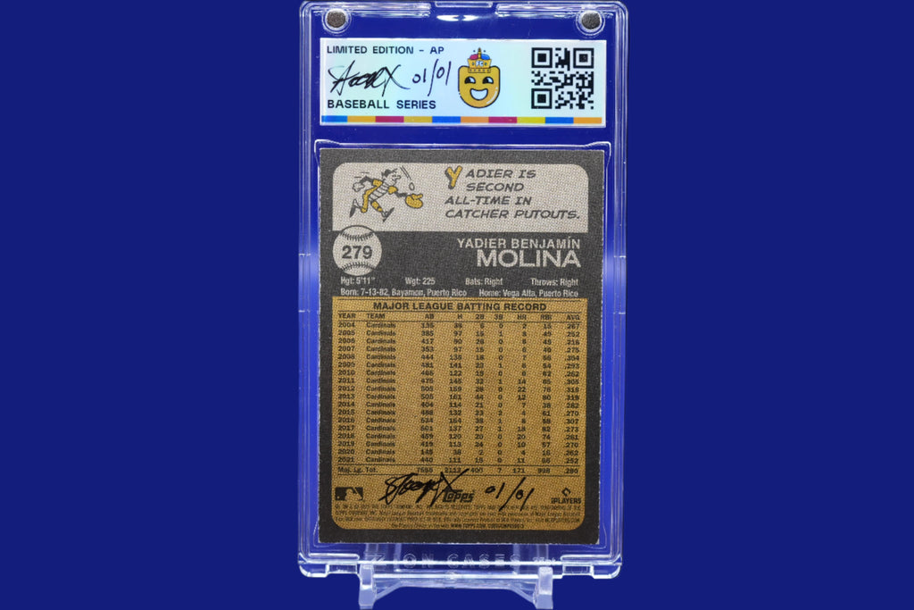 Trading card of Yadier Molina in a protective case with a blue background