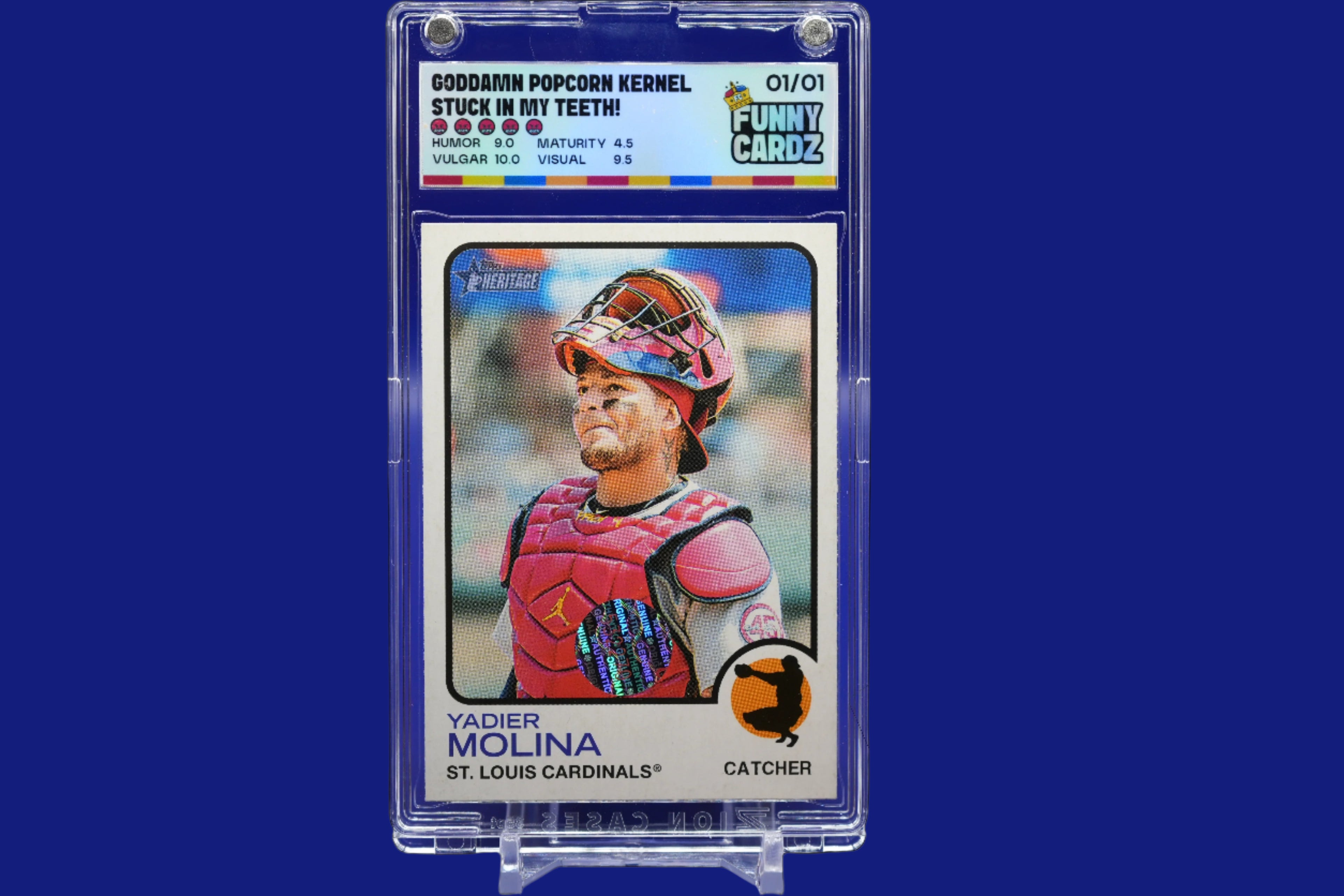 Baseball trading card of a catcher in a display case with a blue background